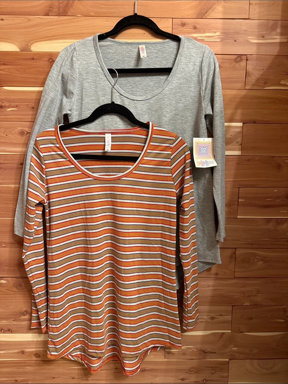 LuLaRoe Orange, White & Tan Striped Long Sleeve Scoop Neck Top